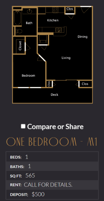Floor plan for 1 bed, 1 bath, 565 sqft